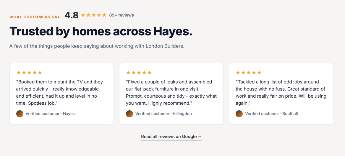 Example general contractor website — five-star customer reviews section
