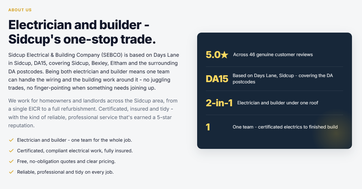 Example electrician website — about section for a licensed, insured electrician
