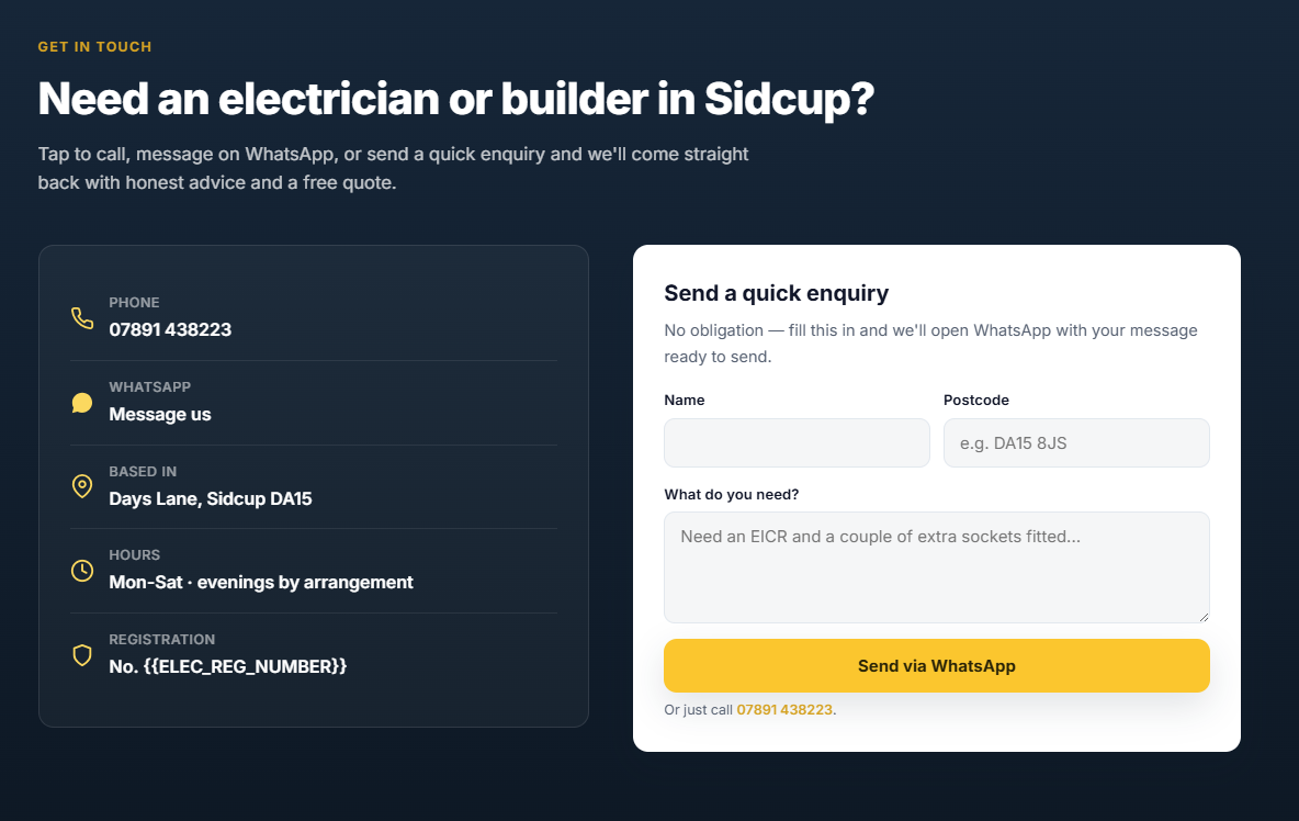 Example electrician website — contact section with a WhatsApp inquiry form and service area