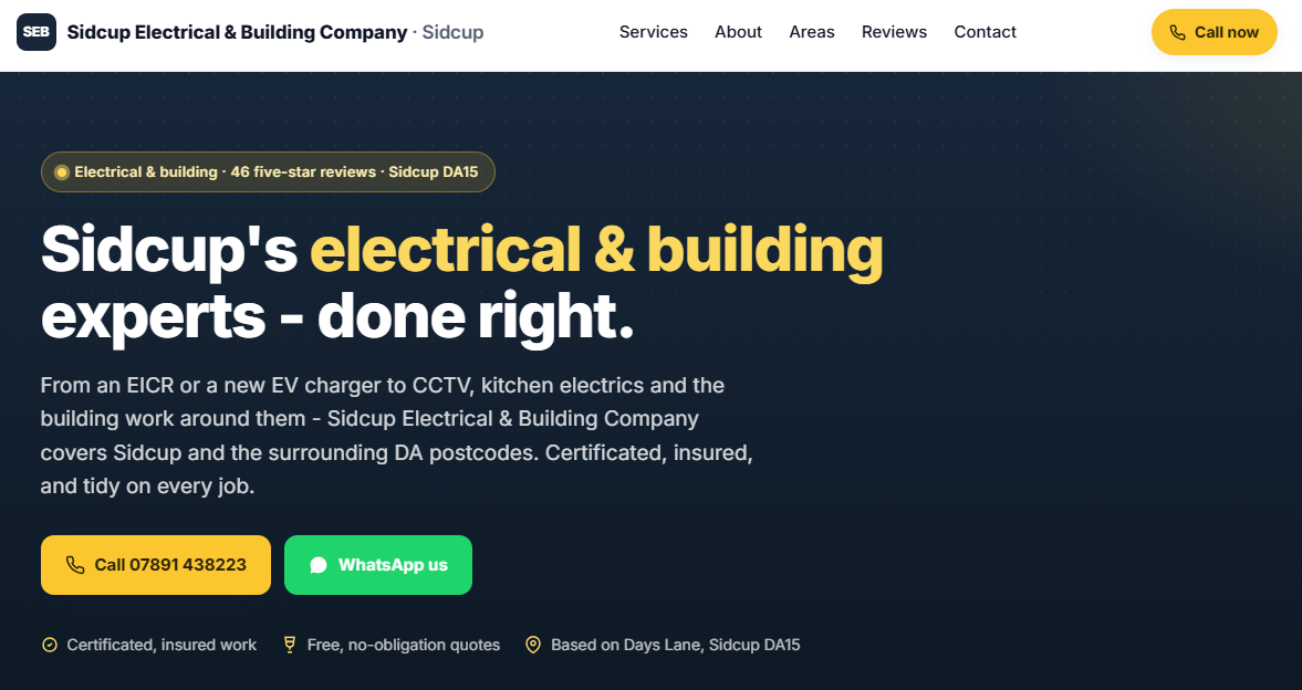 Example contractor website for an electrician — clear services and instant contact buttons