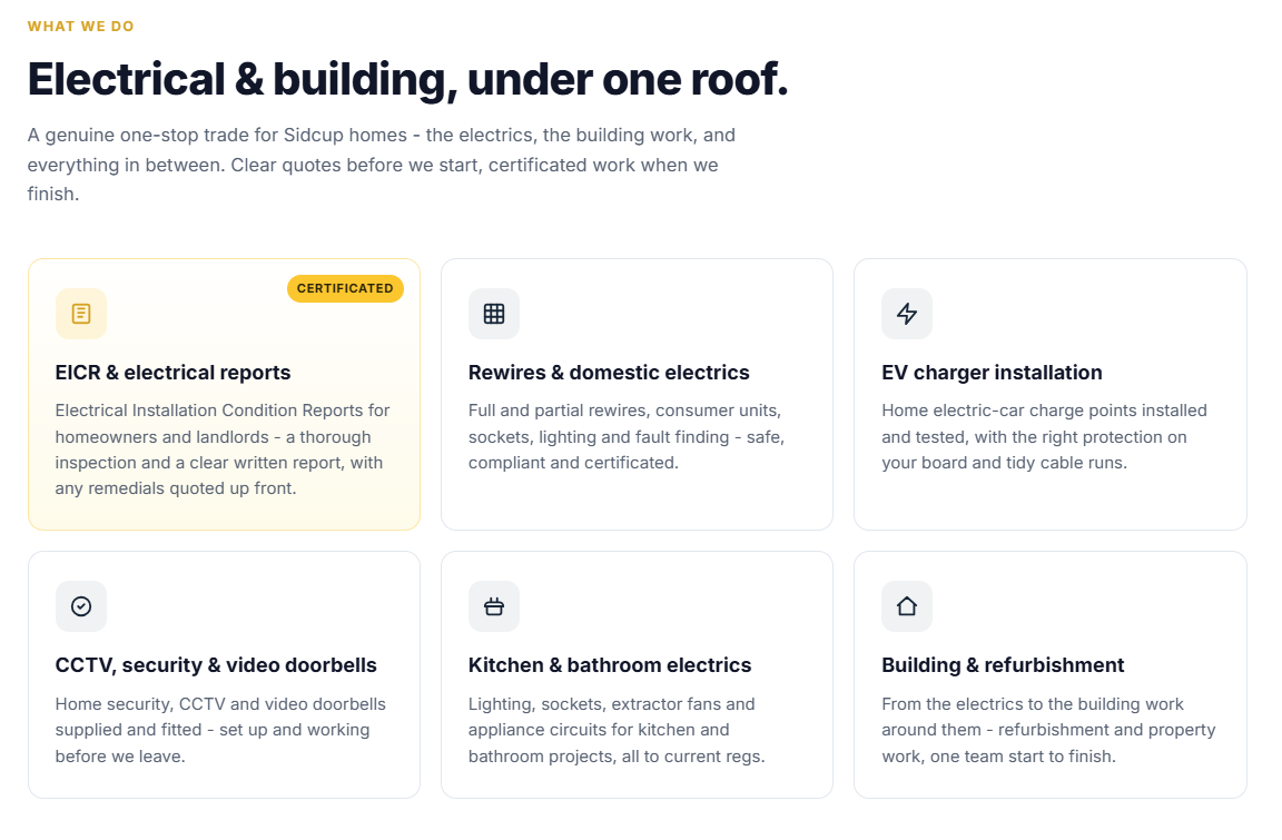 Example electrician website — services section listing panel upgrades, rewiring, EV charger installation and lighting