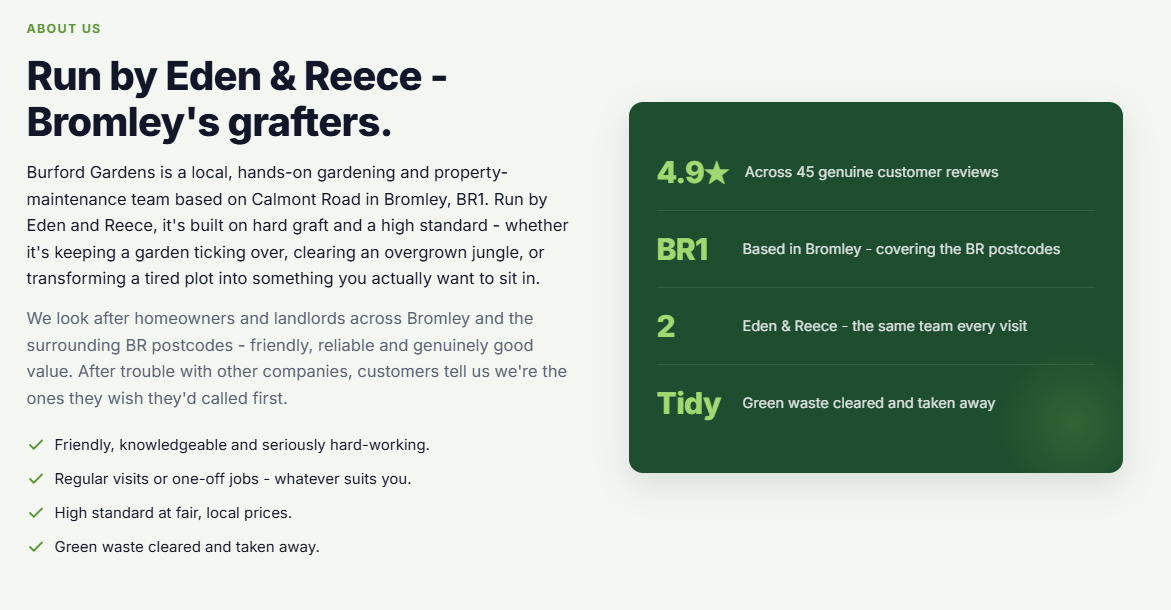 Example landscaper website — about section introducing the landscaping crew and their service area