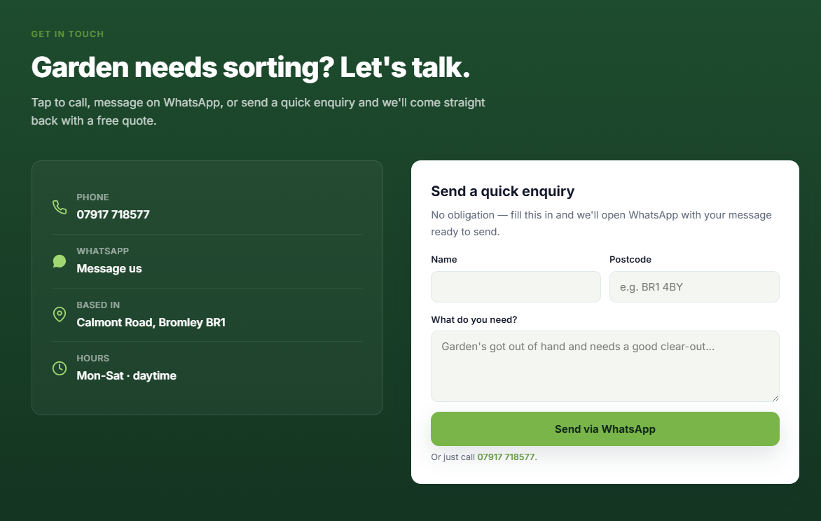 Example landscaper website — contact section with a WhatsApp inquiry form and service area