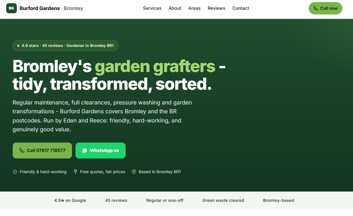Example website for a landscaper — homepage showing services and service area