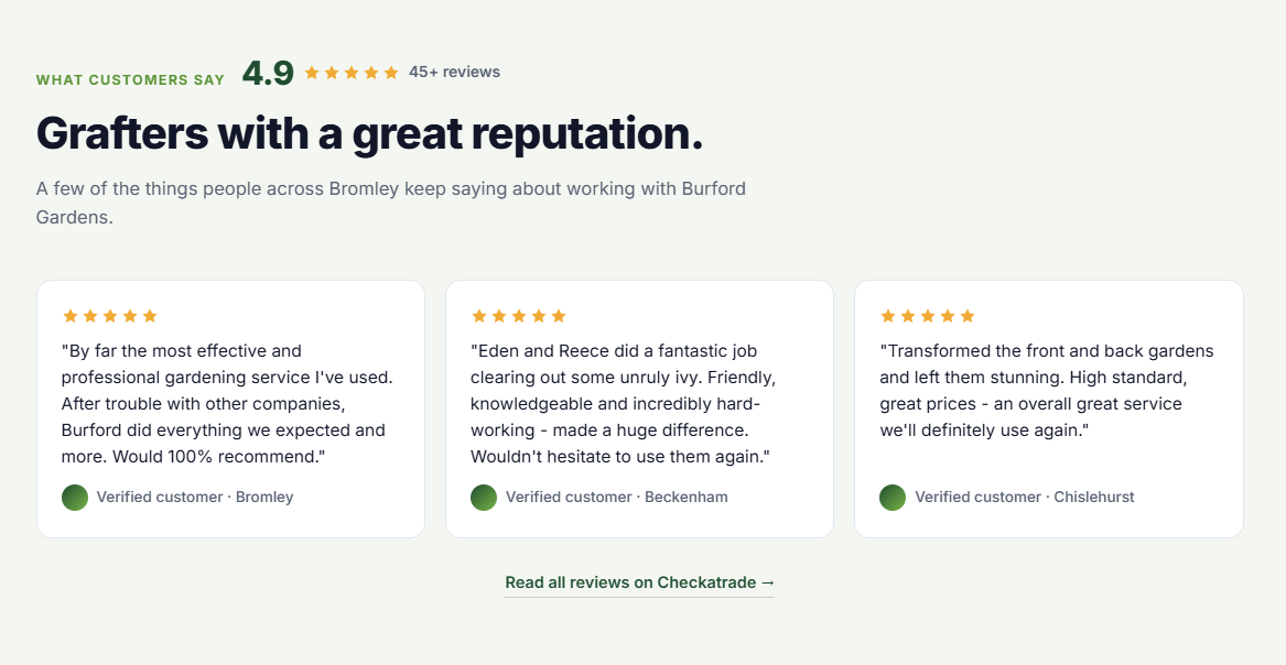Example landscaper website — five-star customer reviews section