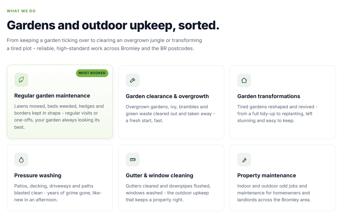 Example landscaper website — services section covering lawn care, cleanups and yard transformations