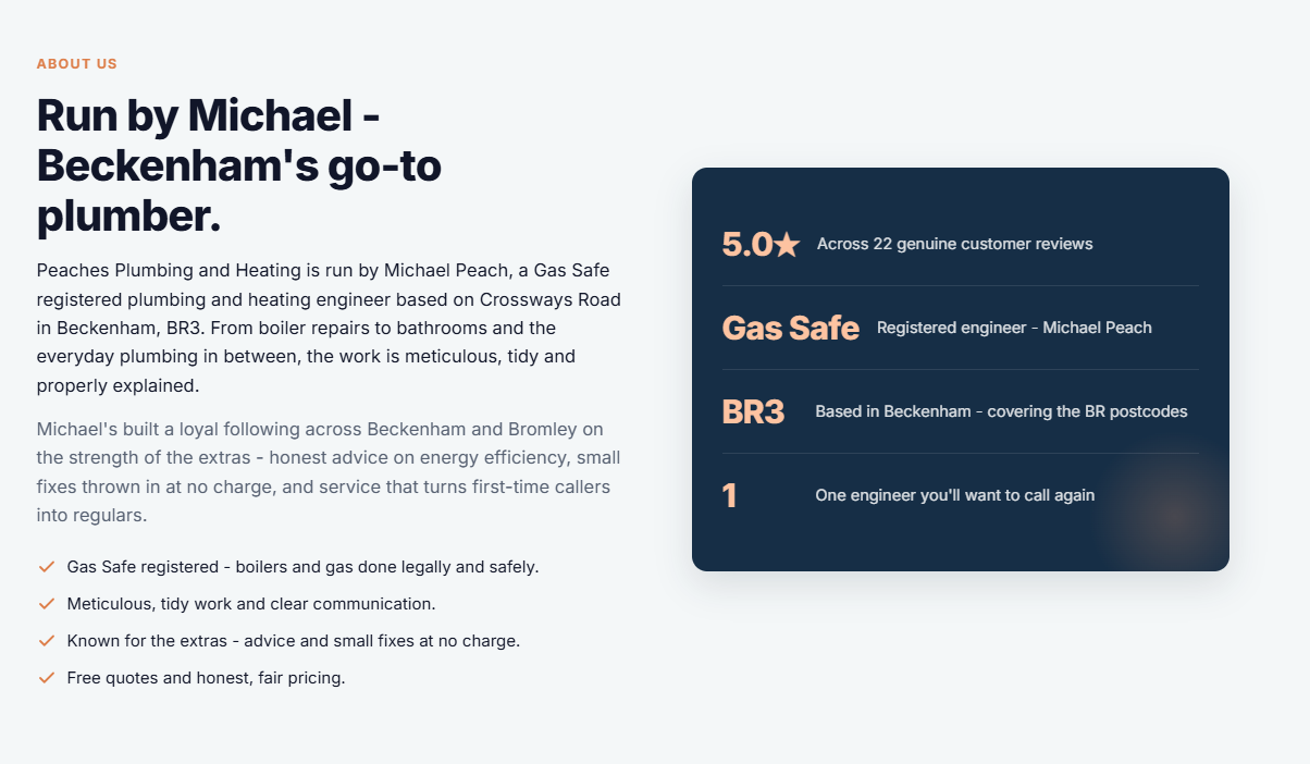 Example plumber website — about section introducing the licensed, insured plumber and trust signals