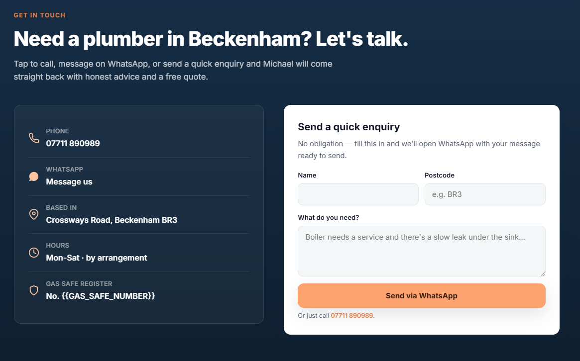 Example plumber website — contact section with a WhatsApp inquiry form and service area