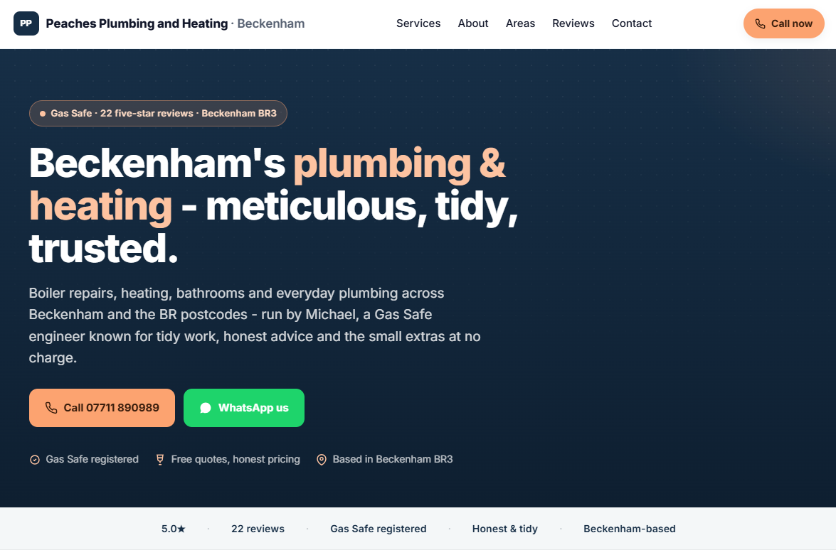 Example contractor website for a plumber — clean one page design with WhatsApp contact