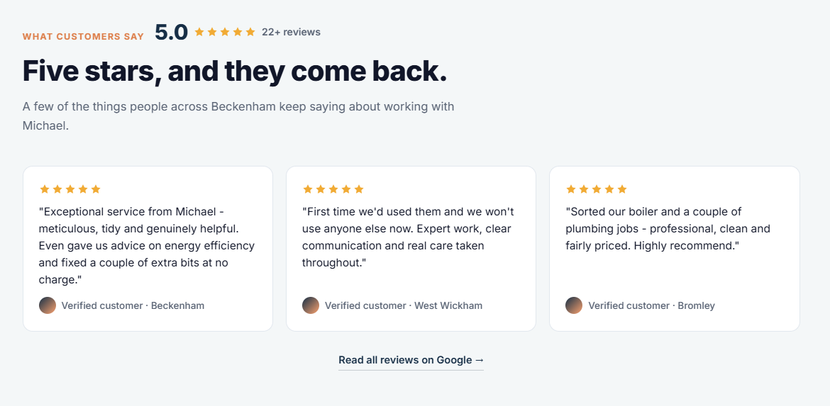 Example plumber website — customer reviews section with five-star testimonials from local homeowners