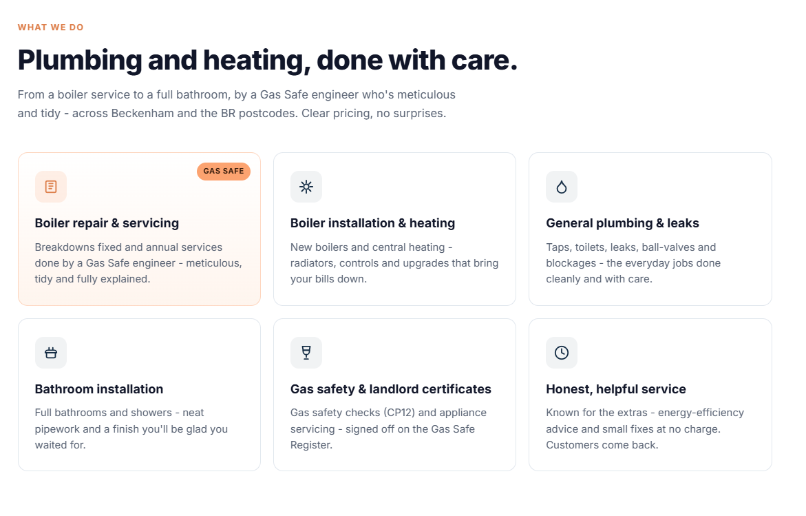 Example plumber website — services section listing water heater repair and installation, drain cleaning and bathroom plumbing