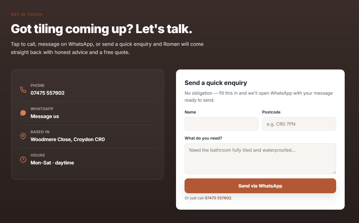 Example trade website — contact section with a contact form and service area