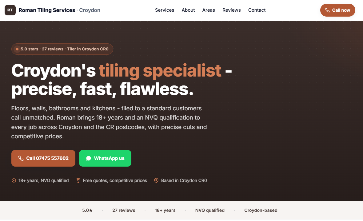 Example website for a tile contractor — professional homepage with credentials and reviews