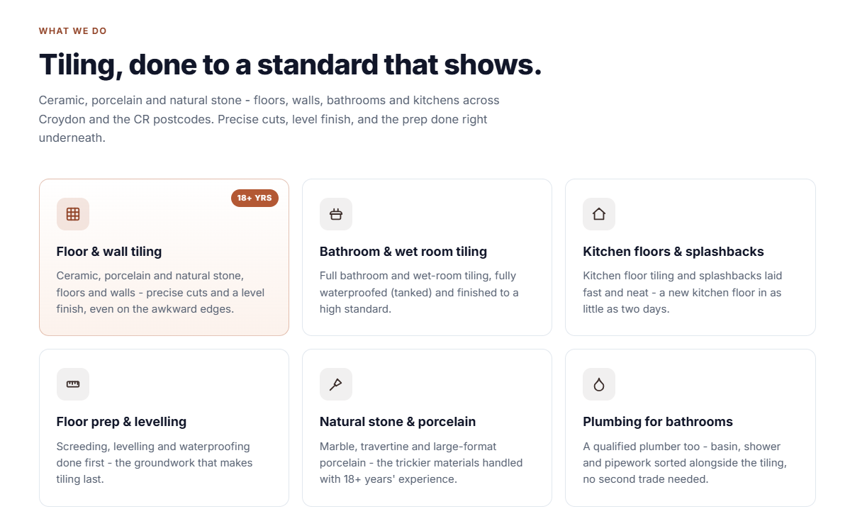 Example trade website — services section covering floor, wall and bathroom tile work